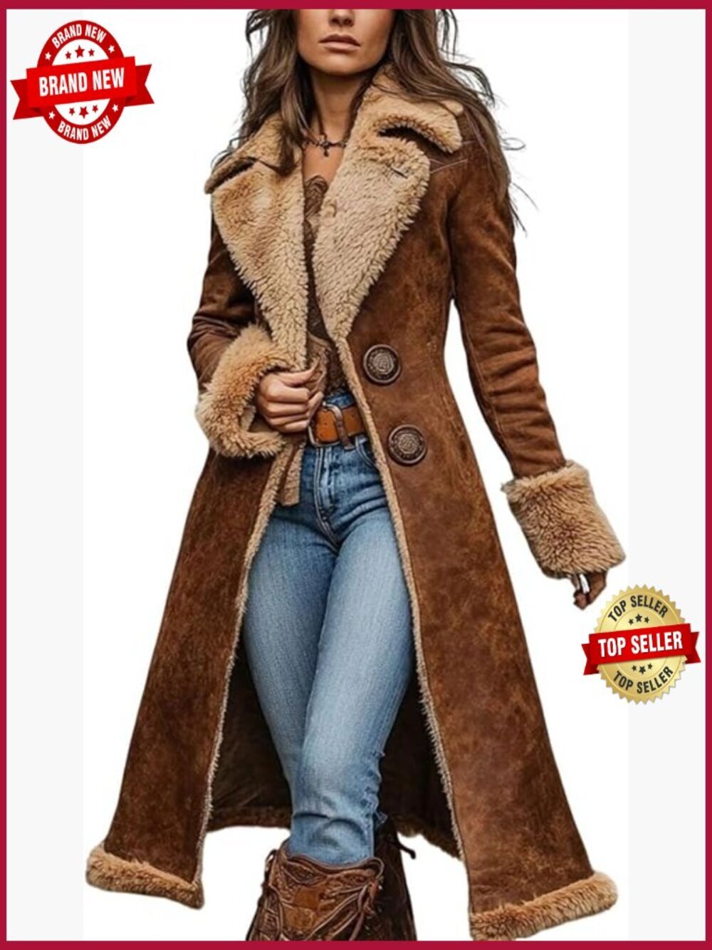 Faux Suede Shearling Coat Vintage Western Long Jacket Button Closure